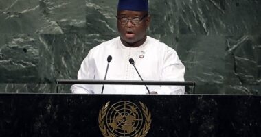 In a nationwide broadcast yesterday, Sierra Leone's President Bio said: 'Our country is currently faced with an existential threat due to the ravaging impact of drugs and substance abuse, particularly the devastating synthetic drug kush'. President Bio pictured in 2018