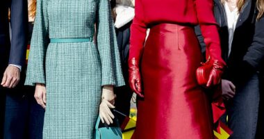 Queen Letizia of Spain (left) and Queen Maxima of the Netherlands (right) looked equally chic as they attended the welcome ceremony on Dam Square