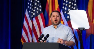 Senate candidate Ruben Gallego speaking at an event with Vice President Kamala Harris on April 12