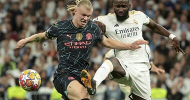 Antonio Rudiger keeps a right rein on Erling Haaland during Tuesday night's Champions League showdown between Real Madrid and Manchester City