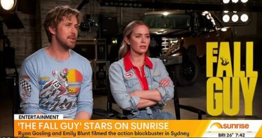 Ryan Gosling has apologised for causing a closure on the Sydney Harbour Bridge. The Hollywood star, 43, issued the mea culpa on Tuesday's Sunrise while promoting his new blockbuster, The Fall Guy alongside co-star Emily Blunt. Both pictured