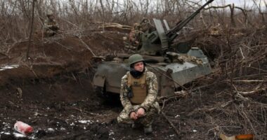 TOPSHOT - Ukrainian anti-aircraft gunners of the 93rd Separate Mechanized Brigade Kholodny Yar monitor the sky from their positions in the direction of Bakhmut in the Donetsk region, amid the Russian invasion of Ukraine, on February 20, 2024. (Photo by Anatolii STEPANOV / AFP) (Photo by ANATOLII STEPANOV/AFP via Getty Images)