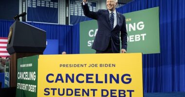 President Biden speaking at an event focused on student loan debt forgiveness in Wisconsin on Monday. This week the Biden administration announced its student loan debt cancelation has totaled $153 billion to date.