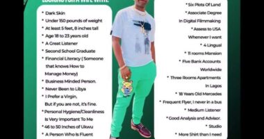 Speed Darlington lists the qualities he wants in a wife as he encourages women to apply for the position