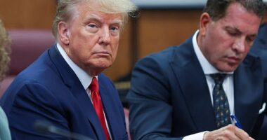 President Trump being arraigned on charges stemming from his indictment by a grand jury following an investigation into hush money payments to adult film star Stormy Daniels on April 4, 2023. Trump pleaded not guilty