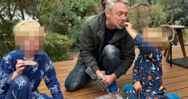 Former Sunrise reporter Nathan Templeton shared this photo of himself eating a chocolate egg with his young children on Easter morning just days before his tragic death on Monday aged 44 (all pictured)