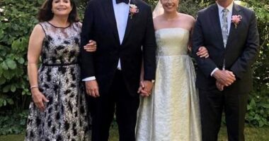 David Koch is set to become a grandfather again as his daughter Georgie and her husband Alex Merkel (both pictured with David and his wife Libby) are expecting their first child