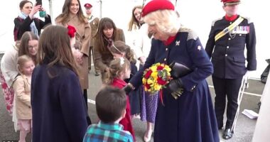 Queen Camilla sweetly met young children of soldiers as she visited The Royal Lancers in North Yorkshire for the first time since being appointed as their Colonel-in-Chief.
