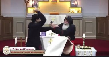 Bishop Mar Mari Emmanuel was preaching at The Good Shepherd Church in Wakeley in Sydney's west on Monday evening when a man dressed in black walked up to the altar and stabbed him multiple times (pictured)