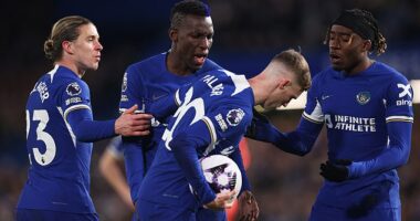 Three Chelsea players were involved in an on-field bust-up before Cole Palmer's penalty against Everton