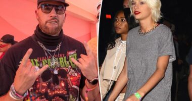 Taylor Swift and Travis Kelce dance together during Bleachers performance at Coachella 2024