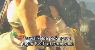 Taylor Swift, 34, was effortlessly lifted into the air by her NFL star boyfriend, Travis Kelce, 34, as they watched Dom Dolla's set during Coachella on Saturday