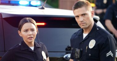 Melissa O'Neil as Lucy Chen and Eric Winter as Tim Bradford in The Rookie. 