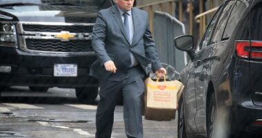 An aide to former President Donald Trump is seen carrying large bags of McDonald's during a break in jury selection in the hush money trial Thursday