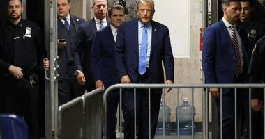 Former U.S. President Donald Trump returns to the courtroom after a short break during his hush money trial at Manhattan criminal court on April 26, 2024 in New York Cit