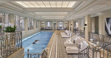 MailOnline Travel's Ted Thornhill checks in to the hyper-luxurious, 'palace-rated' Four Seasons Hotel George V, Paris. Above is the 'blissful' indoor pool