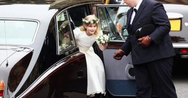Prince Edward and Sophie Wessex's daughter Lady Louise Windsor was just seven when she made up part of Kate's troupe which accompanied her down the aisle. Pictured, arriving at Westminster Abbey