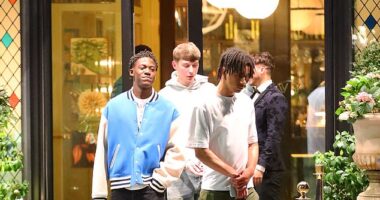 Kobbie Mainoo was spotted leaving a restaurant with friends while wearing a sky blue jacket