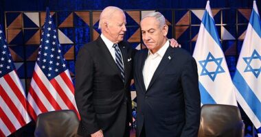 President Joe Biden is frustrated with Israel and its Prime Minister Benjamin Netanyahu after the strike that killed aid workers for the World Central Kitchen; above Biden and Netanyahu in Israel in October