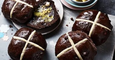 Pictured: M&S' Extremely Chocolatey Hot Cross Buns, which were introduced to the luxury range this year