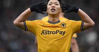 Hwang Hee-chan celebrates scoring the first goal in Wolves' 2-1 win over Luton
