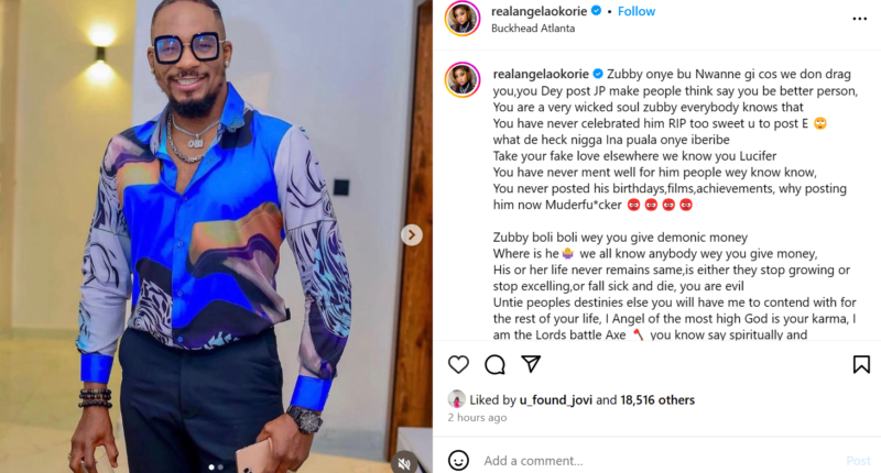 You are a wicked soul - Actress Angela Okorie slams Zubby Michael for mourning Junior Pope on Instagram