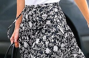Actress Katie Holmes wore a summery monochrome maxi skirt while out and about in New York