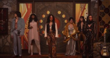 (L-R): Teen (Joe Locke), Jennifer Kale (Sasheer Zamata), Alice Wu-Gulliver (Ali Ahn), Lilia Calderu (Patti LuPone), Agatha Harkness (Kathryn Hahn), and Rio Vidal (Aubrey Plaza) in Marvel Television's AGATHA ALL ALONG, exclusively on Disney+.