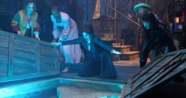 (L-R): Lilia Calderu (Patti LuPone), Jennifer Kale (Sasheer Zamata), Agatha Harkness (Kathryn Hahn), Mrs. Hart/Sharon Davis (Debra Jo Rupp), and Ali Ahn (Alice Wu-Gulliver) in Marvel Television's AGATHA ALL ALONG, exclusively on Disney+.