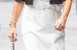 Amanda Holden (pictured) looked stunning in a white dress and leather jacket as she joined fellow radio host Ashley Roberts while departing Global Radio studios on Wednesday