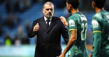 Ange Postecoglou (left) gave Brennan Johnson reason to smile at the end of a difficult week with a quip about the courage of his online trolls