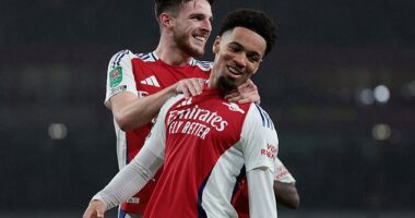 Ethan Nwaneri (right) was on the scoresheet twice for Arsenal as they swept aside Bolton in the Carabao Cup