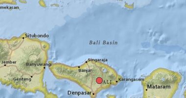 The Ubud district (pictured with the red dot) on the holiday island of Bali has been struck by a 5.1 magnitude earthquake