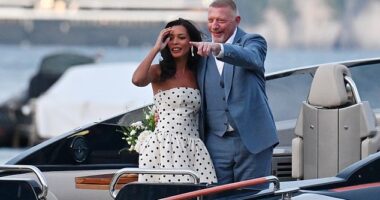 Boris Becker is set to wed his fiancee Lilian de Carvalho Monteiro this weekend in Portofino (pictured last night arriving for a pre-wedding dinner by boat)