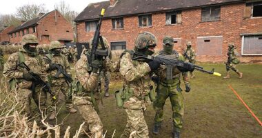 British troops are missing out on essential exercises because training sites across the country are being set aside for Ukrainian forces (pictured: Ukrainian soldiers take part in urban training at a military training camp in Yorkshire in February 2023)