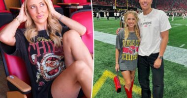 Brittany Mahomes rocks red cowboy boots and bedazzled T-shirt for Chiefs vs. Falcons game