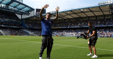 Chelsea unveil Jadon Sancho at Stamford Bridge moments before Sunday's clash with Crystal Palace... after ex-Man United star completes his Old Trafford escape with £23m move