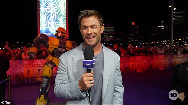 Chris Hemsworth shocked the cast of The Project on Wednesday after he made a racy admission about his new movie Transformers One. Pictured