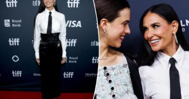 Demi Moore looks sharp in suit-inspired outfit finished with a tie at TIFF 2024