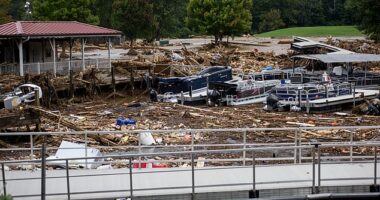 The Rocky Broad River flows into Lake Lure and overflowed the of Chimney Rock, North Carolina after heavy rains from Hurricane Helene