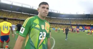 Argentina goalkeeper Emiliano Martinez pictured moments before he slapped a TV camera