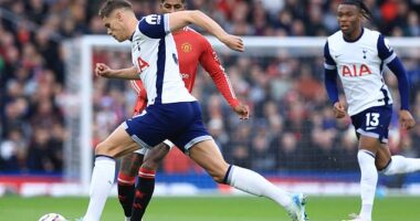 Micky van de Ven (left) intercepted the ball after a heavy touch by Marcus Rashford (centre)