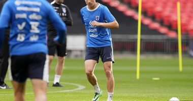 Topi Keskinen, 21, pictured training at Wembley on the eve of Finland's game against England