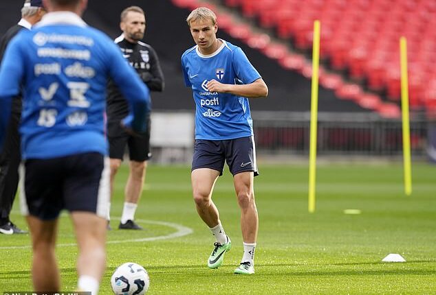 Topi Keskinen, 21, pictured training at Wembley on the eve of Finland's game against England