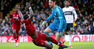Goalkeeper Sergio Rico (centre) pictured playing for Fulham against Liverpool in 2019