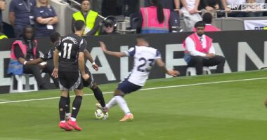 Jurrien Timber received just a yellow card after catching Tottenham's Pedro Porro on the ankle