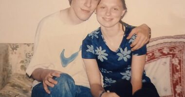 Helene Clynch, 42, never knew she would find her soul mate when she first began emailing Geoff from Hampshire, aged just 13. The two pictured together during the time they first met