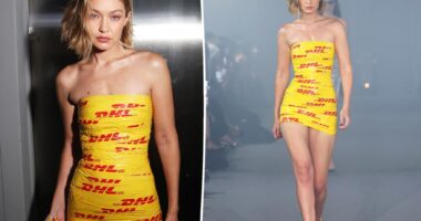 Gigi Hadid walks Vetements runway wrapped in DHL packing tape