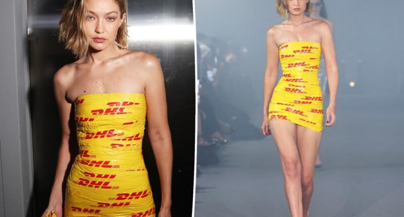 Gigi Hadid walks Vetements runway wrapped in DHL packing tape