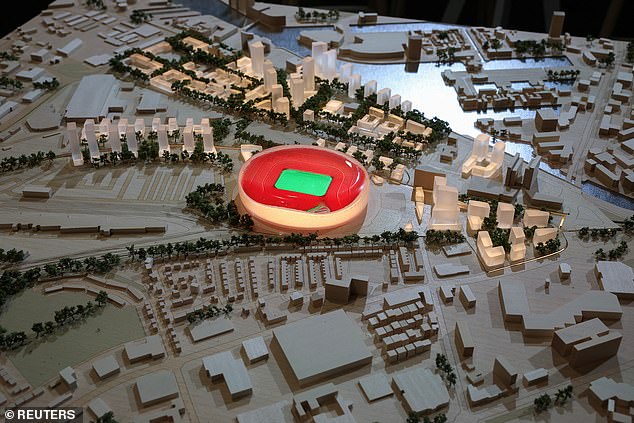 Manchester United's regeneration of Trafford Park could be worth billions to the UK economy (pictured: the first designs of a new Old Trafford, revealed at the Labour Party conference)